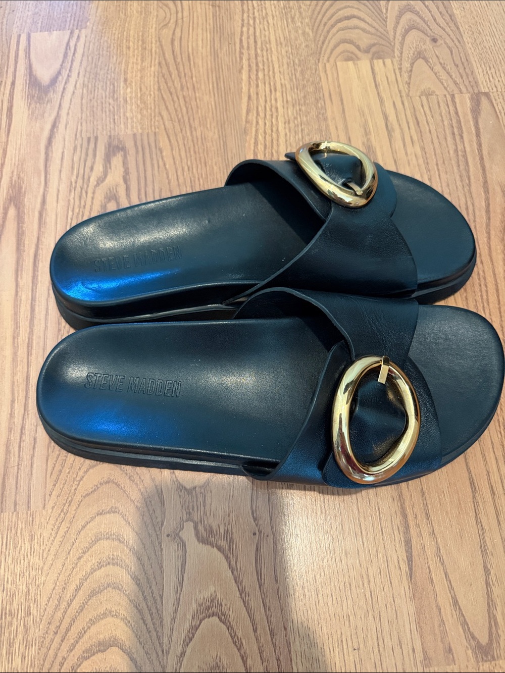 Steve Madden Black Slide Sandals with Gold Buckle - Women - Picture 2 of 4